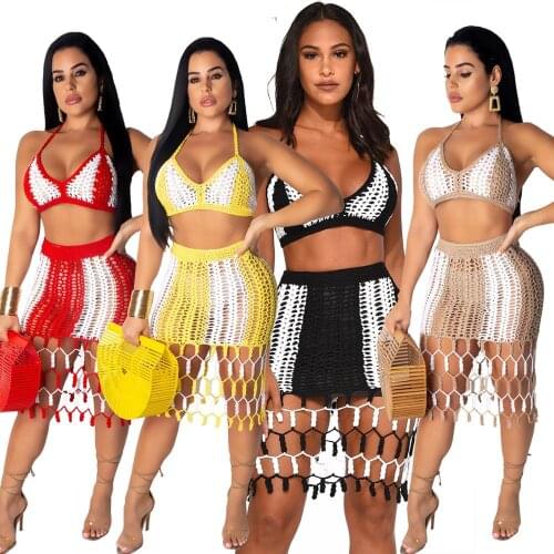 2021 Crochet Beach Bikinis Knitted Hollow Out Tassel Knee Length Skirt Casual Beach Outfits Night Club Swimsuit Holiday Outfit