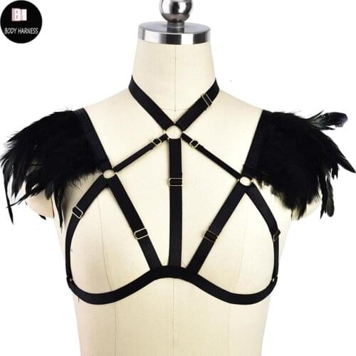 Black Feather Body Harness Angel Wing Epaulettes Rave Wear Cage Bra Bondage Shoulder BurningMan Festival Goth Sexy Lingerie