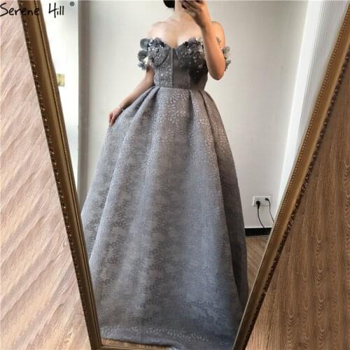 2020 Grey Sequined Flowers Lace Prom Dresses New Sexy Sleeveless Fashion Beach Prom Gowns Serene Hill DLA6539