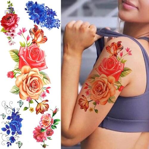 Rose Flower Temporary Tattoos For Women Adults Carnations Orchid Peony Lily Tattoo Sticker 3D Fake Branch Vine Tatoo Watercolour