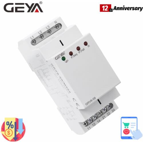 GEYA GRV8-09 Phase Sequence Relay Phase Failure Relay 8A 2SPDT 36mm Width Phase Monitoring Device 36mm Width