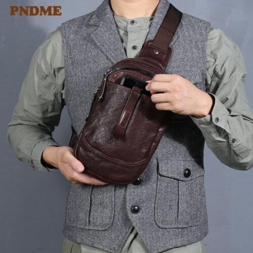 High quality first layer soft cowhide mens chest bag fashion vintage genuine leather daily light sports tablet messenger bag