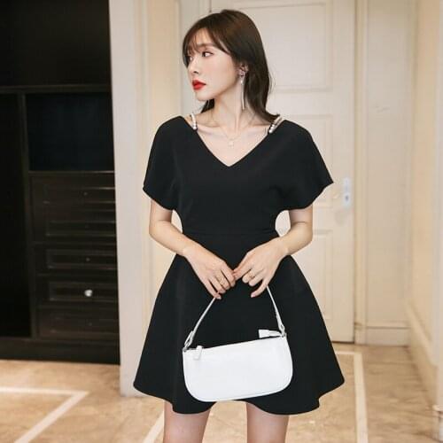 YIGELILA Autumn New Arrivals Black Dress V-neck Short Sleeves Solid Dress A-line Empire Slim Above Knee Mini Dress 65209