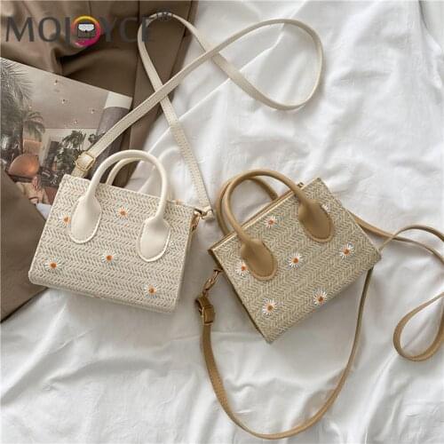 Women Straw Woven Shoulder Messenger Bag Daisy Embroidery Fashion Ladies Handbag Shoulder Zipper Small Purse Vacation Handbag