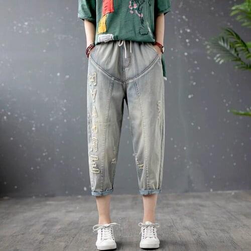 Loose Ripped Jeans Calf-Length Cotton Denim Pants New Arrival 2021 Summer Arts Style Women Elastic Waist Vintage Embroidery