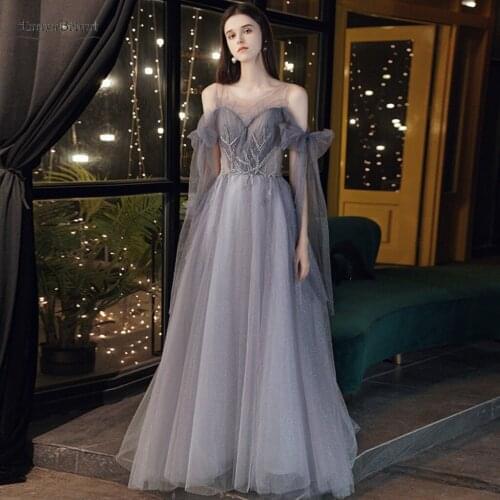 Gray A Line Prom Dresses Long 2021 Illusion Body Elegant Crystals Sweetheart Simple Evening Party Dress Women vestido de JQ801