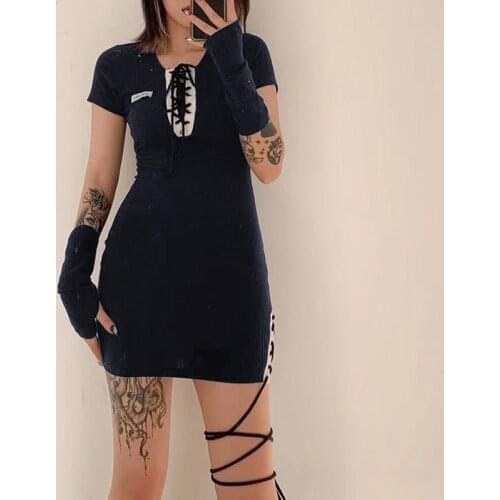2021 Summer Women Black Knit Dress Korean Fashion Hollow Out Bandage Slim Bodycon Contrast Patchwork Gothic Rib Party Mini Dress