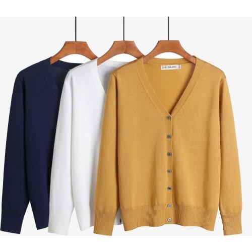072 Spring Casual Knitted Sweater Cardigan Women Loose Large Size Coat Long Sleeve V-Neck Outerwear Solid White Fashion New Tops
