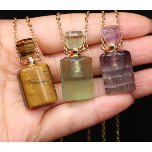 1pcs Natural Stone Perfume Bottle 60cm Necklace Pendant Tiger Eye Green Fluorite /Amethysts Stone Necklace Jewelry Gift 15x35mm