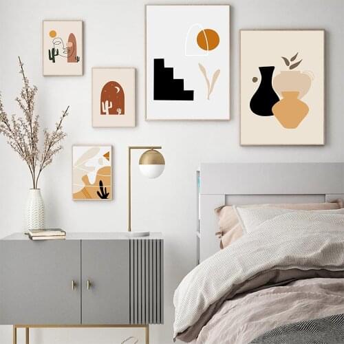 Abstract Sun Moon Cactus Wall Art Posters And Prints Face Line Drawing Canvas Painting Nordic Landscape Pictures Bedroom Decor