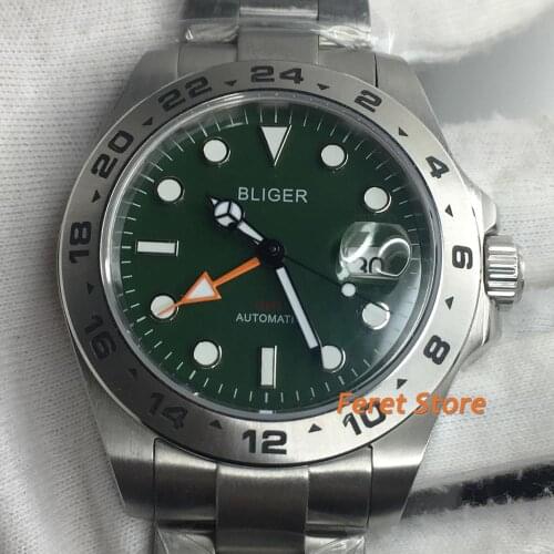 BLIGER 43mm Blue Mens Luminous Watch GMT Sterile Automatic Date Sapphire Glass Oysert Bracelet stainless steel Brushed Case