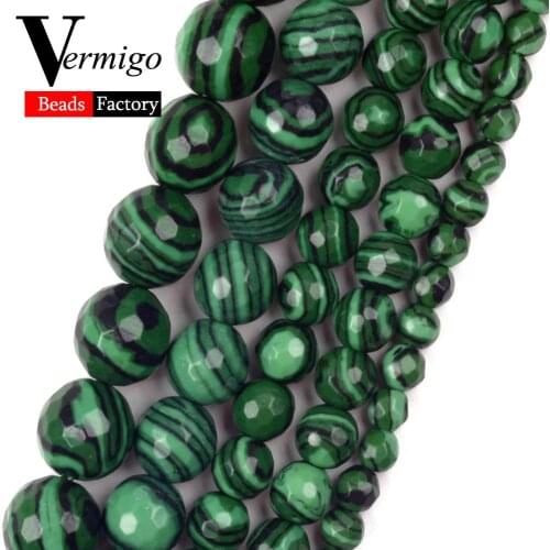 Wholesale Faceted Green Malachite Stone Round Bead for Needlework Jewelry Making 4/6/8/10mm Spacer Beads Diy Bracelet Accessory