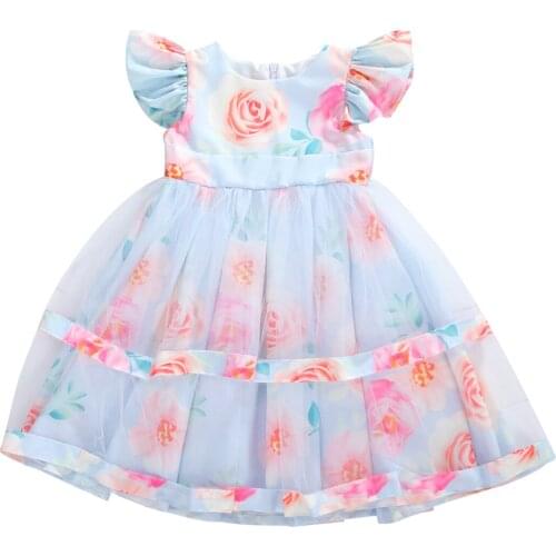 1-5Years Kid Girl Princess Dress Kids Girls Sweet Round Neck Puff Dress Double Layer Rose Print TuTu Dress