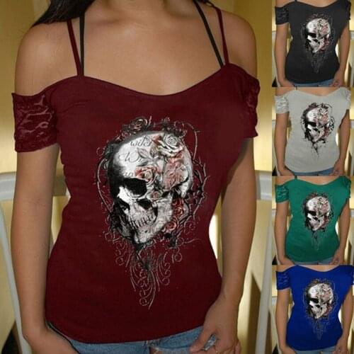 Tshirts Women Sexy Tops Gothic Skull Print Spaghetti Strap Shirts Summer Plus Size Harajuku Short Sleeve Off Shoulder Shirt