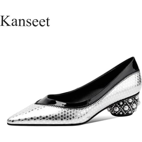 Kanseet Genuine Leather Shoes Womens Pumps 2021 Spring Summer Wedding Party Handmade Comfort Mid Heels Shoes Silver Big Size 42