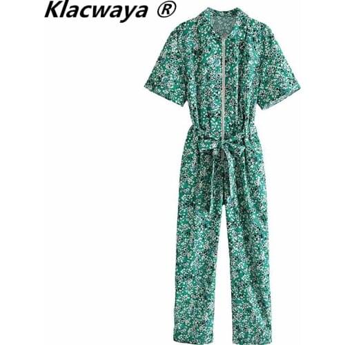 Klacwaya Women Green Print Jumpsuit Summer Vintage Zipper Decoration Bow Belt Lapel Short Sleeve Female Loose Long Jumpsuit