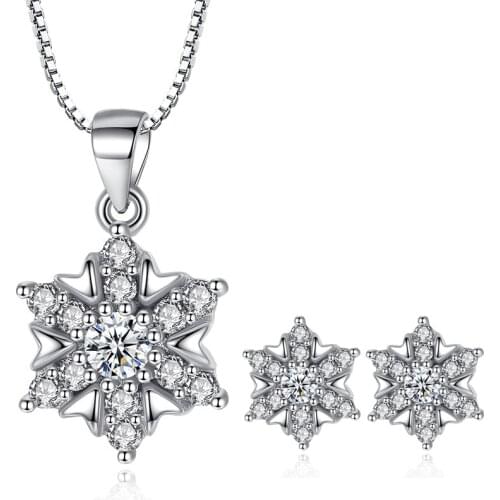 Sweet 925 Sterling Silver Zircon Snowflake Stud Earrings Necklace Set for Women Bridal Wedding Jewelry Sets Accessories Gift