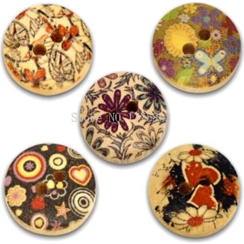 50Pcs Multicolour Flower Print 2 Holes 15mm Round Wooden Buttons , for Sewing, Crafts, Jewellery making, Knitting 7NK94