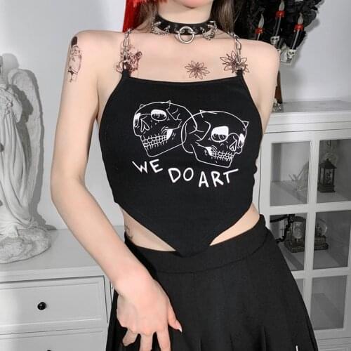 Gothic Skull Print Tank Top Summer Harajuku Sexy Backless Knitted Camisole Streetwear Punk Chain Straps Black Camis