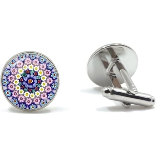 Murano Millefiori Cufflinks MultiColour Flower Glass Cabochon Dome Copper Sleeve Button Jewelry For Men Shirt Gift
