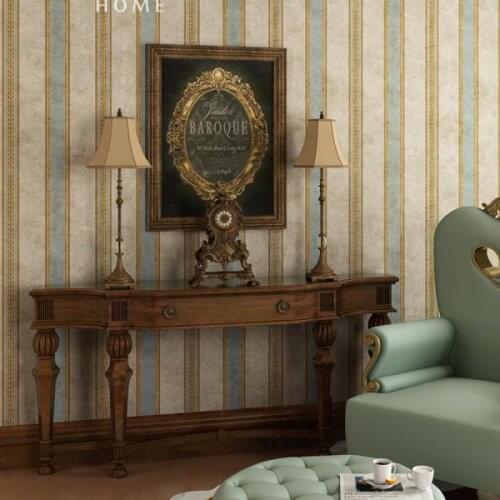 Bedroom living room wallpaper American country retro striped green yellow non-woven fabric 5.3 square meters home decoration