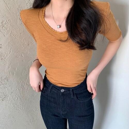 Solid Tops Vetement Femme 2021 Summer New T Shirt Women Korean Fashion Casual Lace Slim Half Sleeve o-Neck Tshirts Cotton Mujer