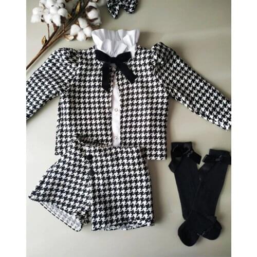 1-7Y Girls Clothing Sets Spring Autumn Children Girls Plaid Long Sleeve Coat+Bowknot Blouse Shirts+Shorts Pants Casual Outfits