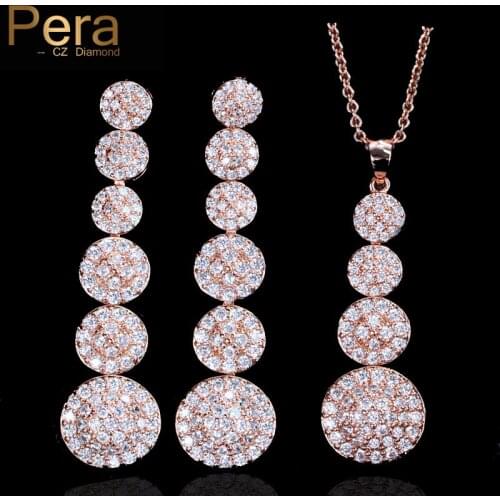 Pera Trendy Women Engagement Party Jewelry Full Sparkling 5 Round Shape Cubic Zirconia Mirco Pave Necklace And Earrings Set J266