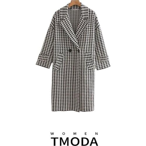 TMODA927 Za 2021 Winter White Black Plaid Wool Coats Women Double Breasted Long Coat Jackets Elegant Slim Pockets Office Coats