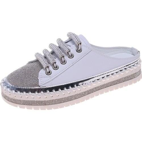 Womens Close Toe Slippers Crystal Decor Lace-up Design Sweet Breathable ComfyStylish Casual Slippers