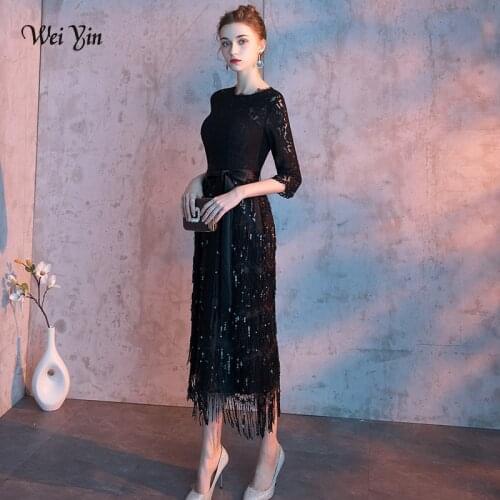 Wei yin 2021 Elegant Evening Dresses Mermaid Long Half Sleeve Lace Tea Length Cheap Party Dresses Black Evening Gowns WY1637