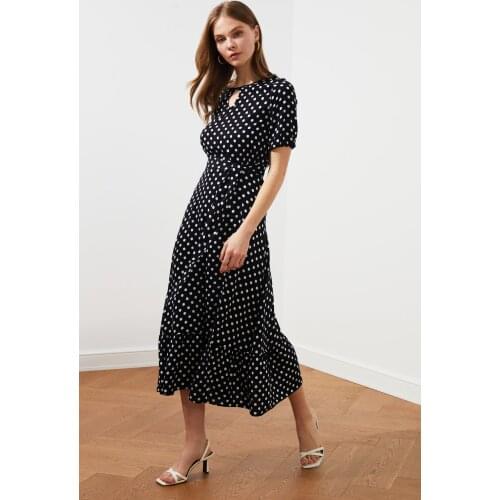 2021 New Fashion Moda Vintage Knee Length Dresses Black Belted Polka Dot Dress Each Colar Summer Spring Elegant Cloth