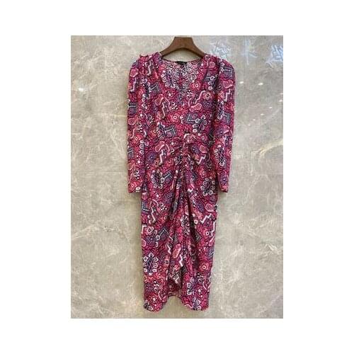 2020ss Woman Vintage Floral Print Silk Midi DRESS Cinched Gathered Waist V-neck Long Sleeves Fashion Dress