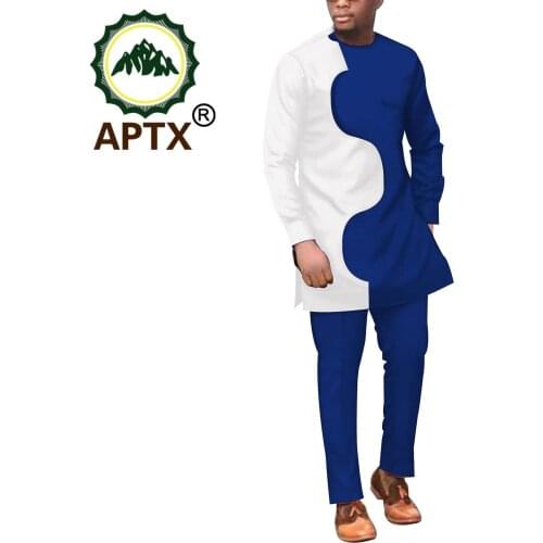 African Clothes For Men Dashiki Traditional Ankara Bicolor Casual Design Colorful Robe Crew Neck Long Sleeve Shirts Pants Sets