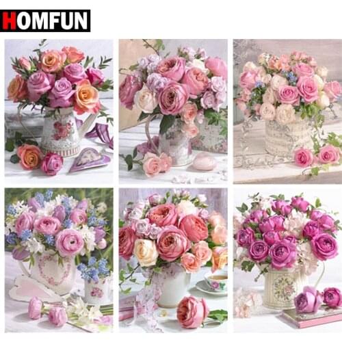 HOMFUN Diy 5d Diamond Painting "Flower vase landscape" Cross Stitch Square Round Diamond Embroidery Handwork Rhinestone Art