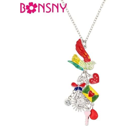 Bonsny Enamel Alloy Rhinestone Colorful Bird Letter Key Necklace Pendant Cartoon Animal Jewelry For Women Girl Ladies Teens Gift