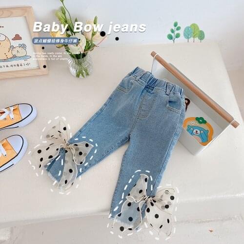 Girls' western style jeans 21 summer new girl Korean style polka dot bow slim cropped trousers CK099