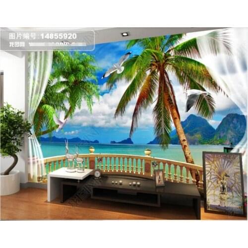 Photo wallpaper 3 d custom mural Blue Sky Beach Coconut Balcony Curtain home decor living room Wallpaper for walls in rolls