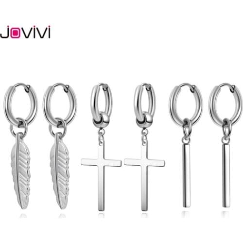 Jovivi 16G Stainless Steel Dangle Earrings Crosss Rectangle Feather Hoop Earring Punk Circle Earrings Jewelry Black Silver Color