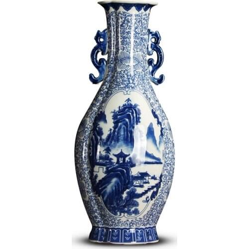Jingdezhen classical new Chinese Ming and Qing classical double ears blue and white porcelain vase