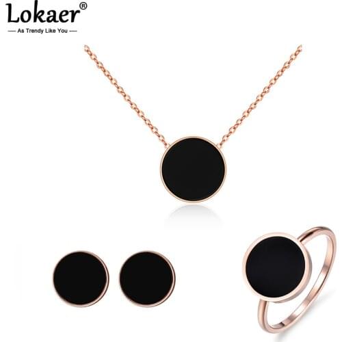 Lokaer Trendy Black Acrylic Titanium Steel Chokers Necklaces Chain Link Bracelets Stud Earrings Rings Sets Wedding Jewelry SE001