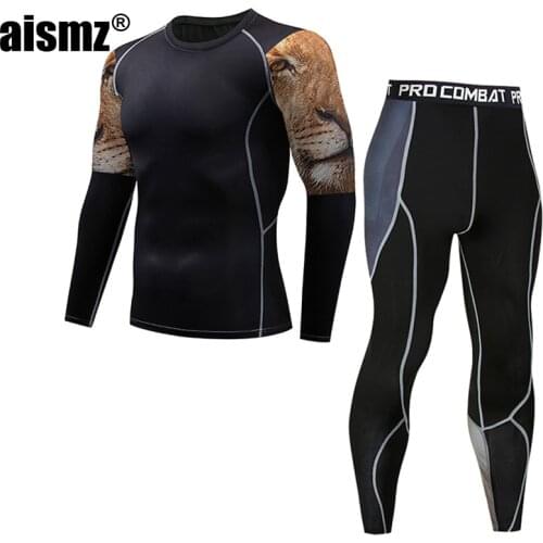 Aismz Men Thermal Underwear Sets 3D Printing Compression Fleece Sweat Quick Drying Thermo Underwear Men Clothing Long Johns