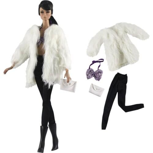 NK 4 Items/ Set Doll White Coat+ Top+ Fashion Bag +Black Trouseres For Barbie Doll Accessories Girl Doll Toy DIY Gift 334E DZ