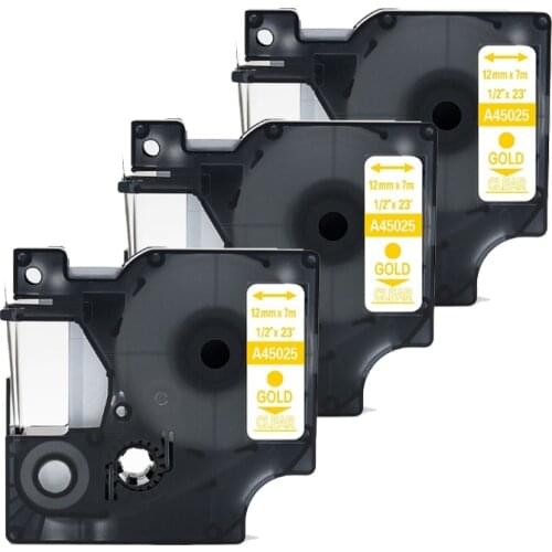 Fimax 3Packs Compatible Dymo D1 Label Tape 12mm 45025 Gold on Clear Label Ribbons for Dymo Label Manager 160 280 210