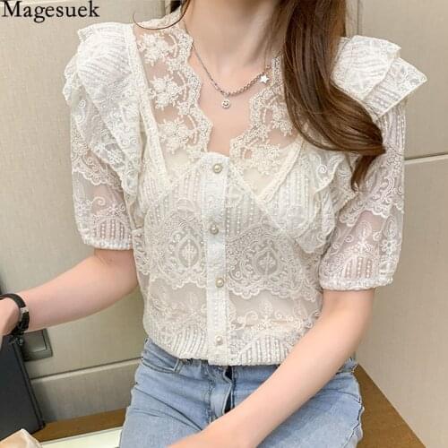Summer Sexy V-neck Lace Shirt 2021 French Hollow Out Short Sleeve Shirt Fashion Style Base Shirt with Sling Small Shirt 13989