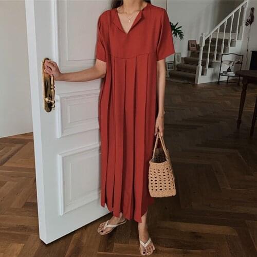 FairyNatural New Women Korean Pleated Dresses 2021 Summer Solid Color Short Sleeve Ladies Loose Hollow Out Dress