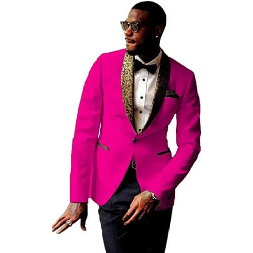 Newest Groomsmen Hot Pink Groom Tuxedos Shawl Pattern Lapel Men Suits Wedding Best Man Blazer ( Jacket+Pants+Tie ) C497