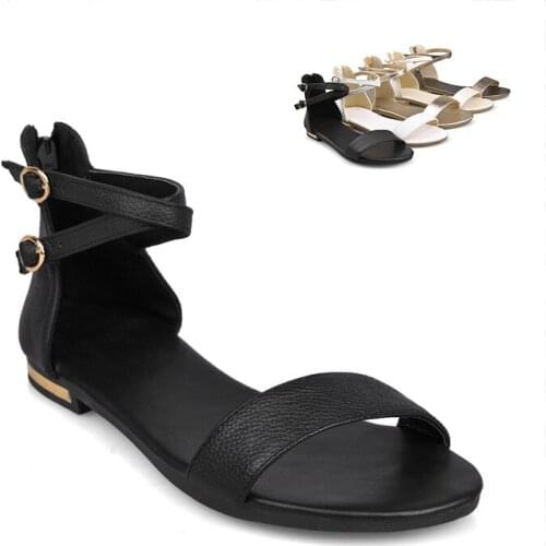 Plus size 34-43 new high quality genuine leather sandals women shoes ladies solid color flat summer beach shoes