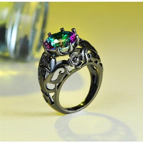 Charm Female Crystal Big Rainbow Stone Ring Vintage 14kt Black Gold Wedding Rings For Women Promise Love Flower Engagement Ring