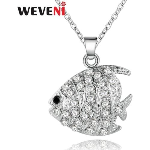 WEVENI Alloy Crystal Ocean Fish Necklace Rhinestone Pendant Chain Choker Animal Novelty Jewelry For Women Girls Teens Gift Bulk